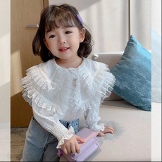 女童蕾絲花邊長袖襯衫 新款洋氣時尚小學生寶寶娃娃領公主外穿