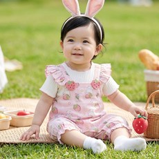 몽실이 딸기토끼 멜빵 우주복 유아용 아동 여아 여름 점프슈트