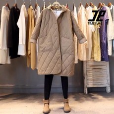 TIMEPURE 겨울 여성 중장기장 누빔 퀼팅 면 패딩 점퍼 빅사이즈 따뜻한 코튼자켓 루즈핏 데일리 아우터 편안한 착용감 중년 여성 보온 캐주얼 롱면패딩 스타일