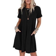 [ 939201 ] PRETTYGARDEN 여성용 여름 캐주얼 티셔츠 드레스 2024 주머니가 있는 반소매 크루넥 스윙 쇼트 드레스 블랙