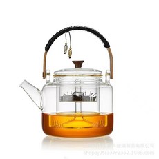 高硼硅玻璃煮茶壺 蒸煮兩用帶過濾內膽, 透明雙魚提樑壺1200ml