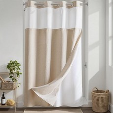 River Dream 너비 91.4cm(36인치) 스톨 리넨 텍스처 노 후크 샤워 커튼 스냅인 라이너 포함 농가 퀵 드라이 패브릭 욕실용 소박한 욕실 세트 시스루 상단, 리넨 창