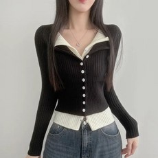 쪼예 투톤 배색 레이어드 긴팔 크롭 니트 가디건