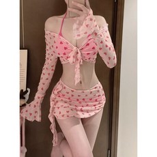 女桃心比基尼泳衣三件套 韓版沙灘度假泳裝, XL【105-120斤】