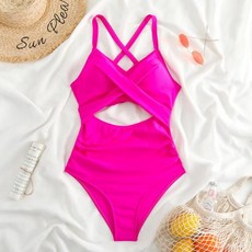 여성용 할로우 크로스 슬링 수영복 배클리스 원피스 비키니 패션 배색 매칭, [01] S, Rosepink