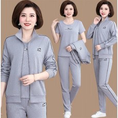 남극인 엄마 봄옷 2022 중노년층 트레이닝복세트 여성 봄가을 빅사이즈 중년 쓰리 피스이다, 1개, 꽃 그레이 (반팔 이너웨어 )_코트