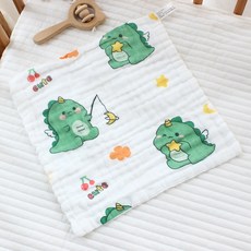 六層紗布口水巾方巾小方巾：柔軟吸水、多用途寶寶手帕、兒童洗臉巾、幼兒園必備, 1個, 62-卡通綠恐龍【30*30】