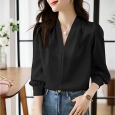 SAHINER 여성 블라우스 V넥 실크핏 긴팔 오피스룩 봄가을 상의 ACS89