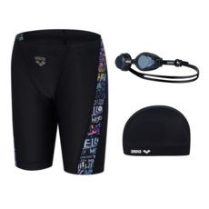 [국내매장판] 아레나 드로잉 남자 아동 4부 수영복 아동 스판 수모 수경 세트 / 남아 수영 용품 세트