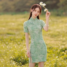 녹색 치파오 작은 키 짧은 스타일 개량 여자 여름 젊은 스타일 기질 고급 소녀 여름 스타일 150cm