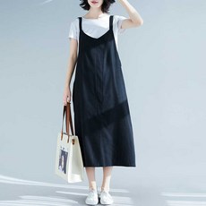 여성용 면 마 오버사이즈 캐주얼 미디 원피스 스커트 F2506019