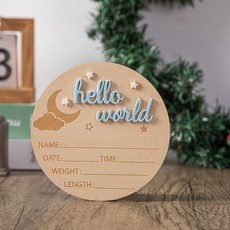 2D 우드 베이비 출생 기념 플라크 'Hello World' 문양 아기 출생 기록 원형 목걸이형 장식품, 1개, blue