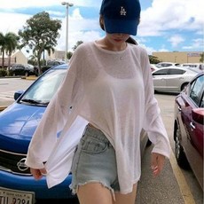 사이드 트임 티셔츠 비치웨어 여름 긴팔티, 화이트