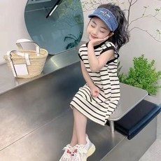DIU 夏季女童連衣裙中大童無袖條紋直筒裙子女寶寶背心T恤裙揹帶裙