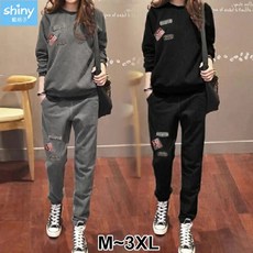 shiny藍格子 貼標落肩長袖短袖上衣 鬆緊腰長褲套裝 M-3XL