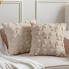 믹스위어 보우 베개 커버 2종 세트 귀여운 인조 모피 부드러운 보우노트 프레피 스터핑 푹신한 에스테틱 커버 침대 소파 소파 가을 크리스마스 장식 (18 x 18 인치 핑크)