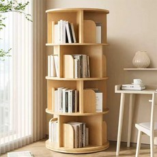 원형 책장 거실 서재 360도 회전 책장 대용량 책장, 4단, 오크