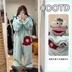 卡通魚造型珊瑚絨連體睡衣 男女冬季加絨加厚家居服