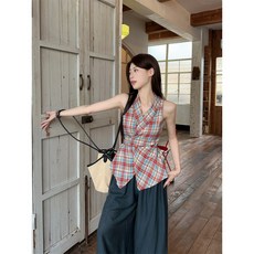 Yellwel여름 여성 민소매 상의 레트로 체크 패턴 브이넥 허리 라인 강조 DJP