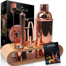 세련된 대나무 스탠드가 포함된 10피스 믹스솔로지 바텐더 키트 바 도구 세트 완벽한 홈 바텐더 키트 마티, 03 Rose gold
