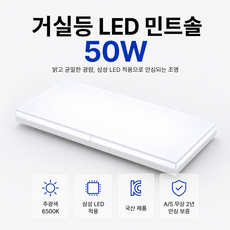 비츠온 삼성칩 거실등 2등 LED 민트솔 50W 사각 슬림 거실조명, 주광색