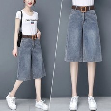 POMTOR 여름 여성 얇은 데님 하이웨스트 치마바지 일자핏 5부 스판 와이드 청바지