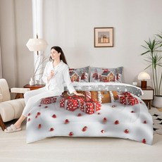 Manfei Christmas House 아동용 이불 세트 트윈 사이즈 겨울 눈송이 선물 침구 소박한 농가 스노우 도트 장식 여아 남아용 화이트 레드 옐로우(핏+시트+베개