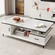 YAPOGI 심플 모던 수납 가능 가정용 대리석 무늬 우드 모조 세라믹 거실 테이블 수동 설치, 화이트 A 120cm