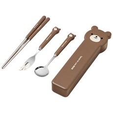 304不鏽鋼 可愛動物造型 便攜餐具三件組 (含叉匙筷), 咖啡色, 1套裝, single product