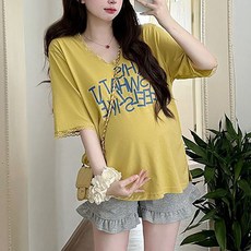 ROYALBELLE 임산부 상하세트 브이넥 레이스 레터링 루즈핏 반팔티 프릴 반바지 데일리룩