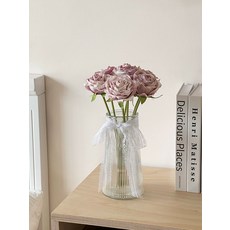 장미 조화 꽃다발 유리병 인테리어 소품 홈데코 화병 감성 데일리 집들이 선물 카페 장식, E. 세트 핑크퍼플7송이+유리병, 1개