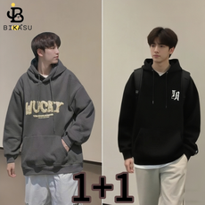 BIKASU 1+1 남성 스쿨 오버핏 긴팔 후드티 베이직 맨투맨 레터링 티셔츠