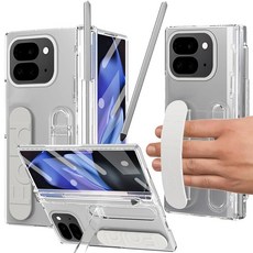 YQODSZ 구글 픽셀 9 프로 폴드 케이스 S 펜 홀더 및 스타일러스 힌지 보호 기능이 있는 핸드 스트랩 폰 케이스 액정보호필름 킥스탠드 구글 픽셀 9 프로 폴드 클, Google Pixel 9 Pro Fold, 투명