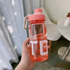 대용량 플라스틱 물병 누출 방지 여행 주전자 핸들 스트랩 포함 투명 경량 0.6L 1L, 08 Pink 600ML