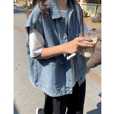 여자조끼 청 단추 데님베스트 예쁜 봄 여름 오버핏 루즈핏 간절기코디 레이어드 데일리룩