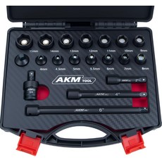 AKM TOOL 14인치 드라이브 마그네틱 임팩트 소켓 세트 19피스 미터법 4mm-15mm 6포인트 Cr-Mo 스퀘어 어댑터가 있는 유니버설 조인트 및 익스텐션, 19PCS 1/4" Metric