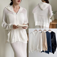 니트코어 여성 여름 햇빛차단 빅사이즈 루즈핏 찰랑 메시 시스루 후드 니트 집업 바캉스룩 휴가룩 비치웨어 수영복겉옷 바람막이