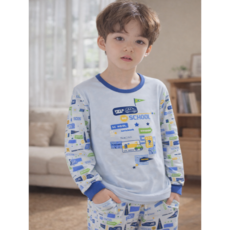 트라이 아동용 무형광 순면 실내복 스쿨버스 상하의 세트