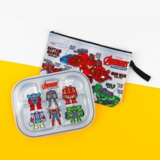 里和 韓國 lilfant 漫威 304不鏽鋼兒童學習筷餐具組 (鋼鐵人/蜘蛛人/美國隊長), 1個, 五格餐盤+收納袋, 鋼鐵人/蜘蛛人/美國隊長