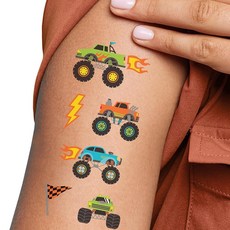 Big Dot of Happiness Monster Truck 아동용 임시 타투 생일 파티 선물 스매시 및 충돌 장식 몬스터 트럭 용품 12장 (가짜 타투 72개), Big Dot of Happiness Monster T