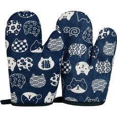 1+1 두꺼운 오븐 냄비 장갑 베이킹 쿠킹 글러브 네이비 고양이 캣 그림, 오리지널, 1세트