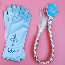 兒童飾品冰雪奇緣項鏈套裝 魔法棒皇冠艾莎頭飾 公主發飾小女孩生日王冠 (卡通飾品盒子), 白辮子藍手套, 1個