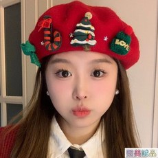 熙美誠品 聖誕頭套 聖誕頭飾 聖誕帽子 聖誕可愛頭飾 聖誕帽 聖誕紅色貝雷帽 聖誕裝扮 聖誕節禮物 保暖帽子 禮品, 紅色帽子,均碼, 1個