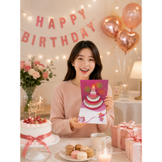 EC1983 멜로디 생일카드 음악 나오는 생일축하카드 3D 입체 팝업 생일 파티 이벤트 카드, 1개, 핑크