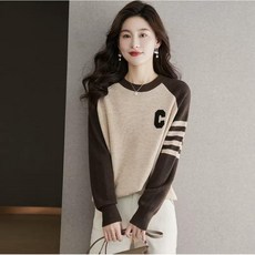 투니스 여성 라운드넥 루즈 배색 긴소매 니트