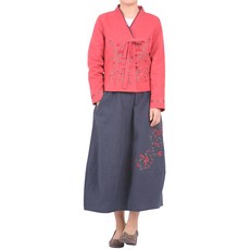 만덕몰 봄 가을 여성 면 마 홍국자수 저고리 치마 세트