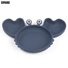 DFMEI 螃蟹卡通雙色硅膠餐盤 強力吸盤碗 嬰幼兒餐盤套裝 兒童硅膠餐盤, 1個, Y10, 螃蟹餐盤+圍兜+木柄勺叉