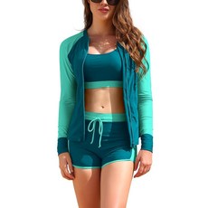 SHEKINI 여성용 3피스 수영복 래쉬가드 긴소매 수영 셔츠 지퍼 컬러 블록 보이쇼츠 포함 하늘색 L