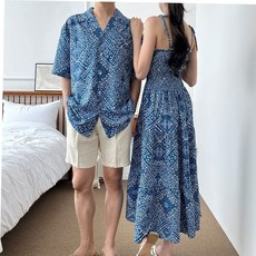 남자셔츠 커플 비치웨어 바캉스 비치커플 롱원피스 스모크밴딩