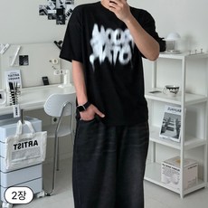 1+1 르위 레터링 남녀공용 라운드 반팔티 순면 루즈핏 반팔